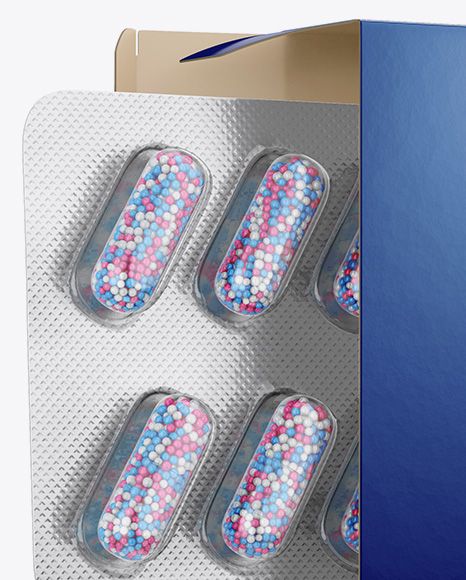 Opened Paper Box & Pills Blister Mockup - Half Side View. Present your design on this mockup. Includes special layers and smart objects for your creative works. Tags: blister, box, capsules, drugs, filling, healthcare, medicine, medicines, pharmacy, pill, pills, tablets, transparent, vitamins. #mockup #psdmockup #brandmockup #yellowimages